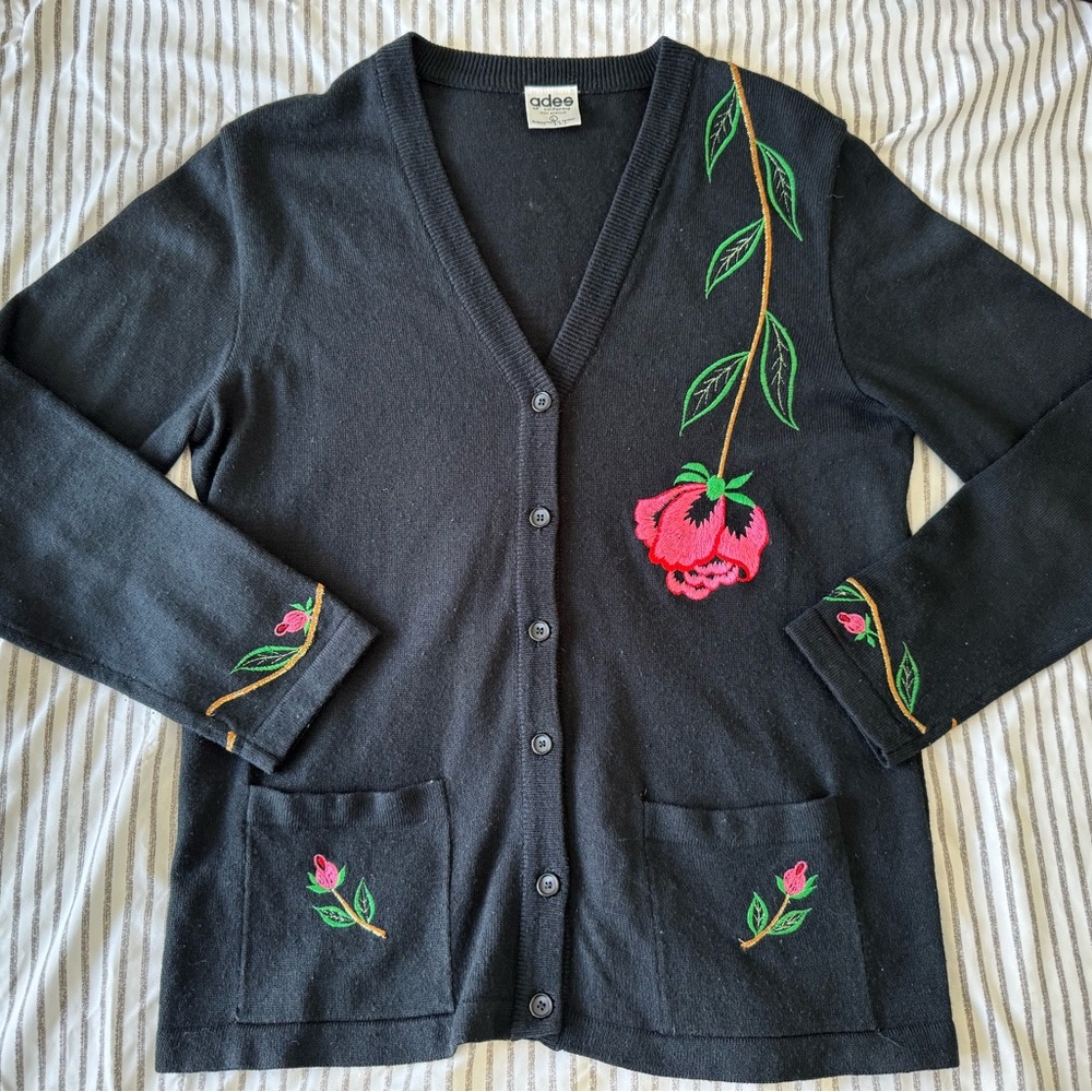 Vintage Ades of California Black Cardigan with Rose Embroidery